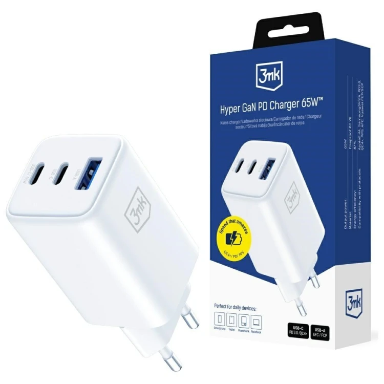 3MK Ładowarka sieciowa Hyper GaN 65W 1xUSB-A 2xUSB-C PD QC4+ biała