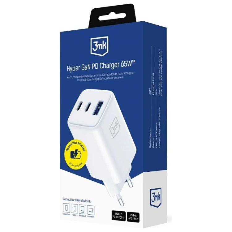 3MK Ładowarka sieciowa Hyper GaN 65W 1xUSB-A 2xUSB-C PD QC4+ biała