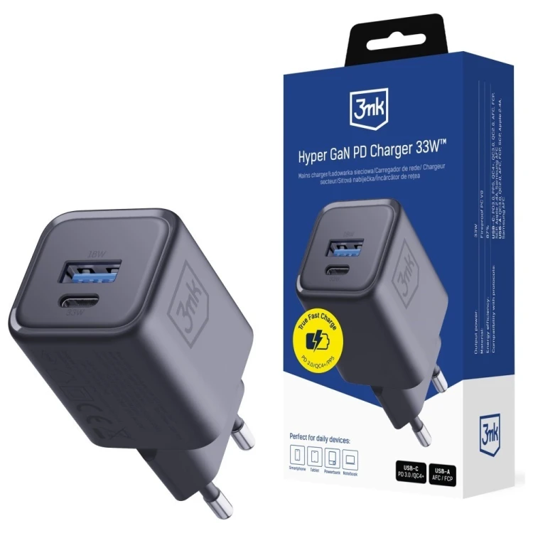 3MK Ładowarka sieciowa Hyper Charger PD 33W GaN QC4+ PPS AFC FCP SCP USB-A USB-C czarna