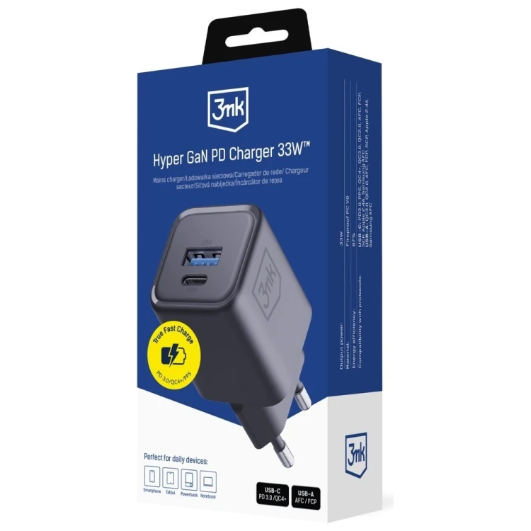 3MK Ładowarka sieciowa Hyper Charger PD 33W GaN QC4+ PPS AFC FCP SCP USB-A USB-C czarna