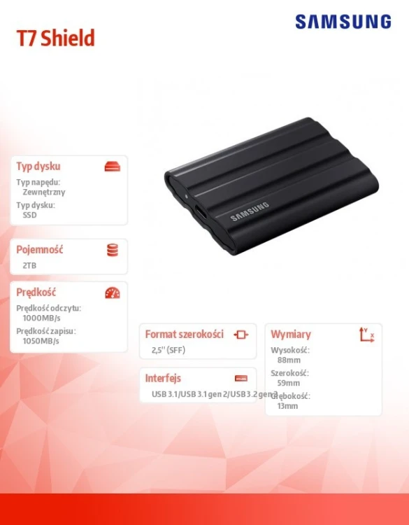Samsung Dysk SSD T7 Shield 2TB USB 3.2, czarny
