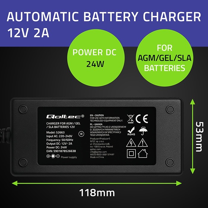 Qoltec Ładowarka do akumulatora AGM GEL STD | Prostownik 12V | 2A | 24W | LED | Kabel 1.8m
