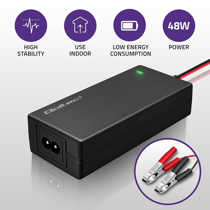 Qoltec Ładowarka do akumulatora AGM GEL STD | Prostownik 12V | 4A | 48W | LED | Kabel 1.8m