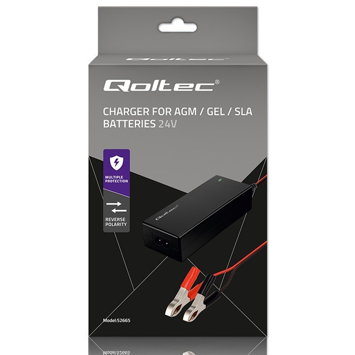 Qoltec Ładowarka do akumulatora AGM GEL STD | Prostownik 24V | 2A | 48W | LED | Kabel 1.8m
