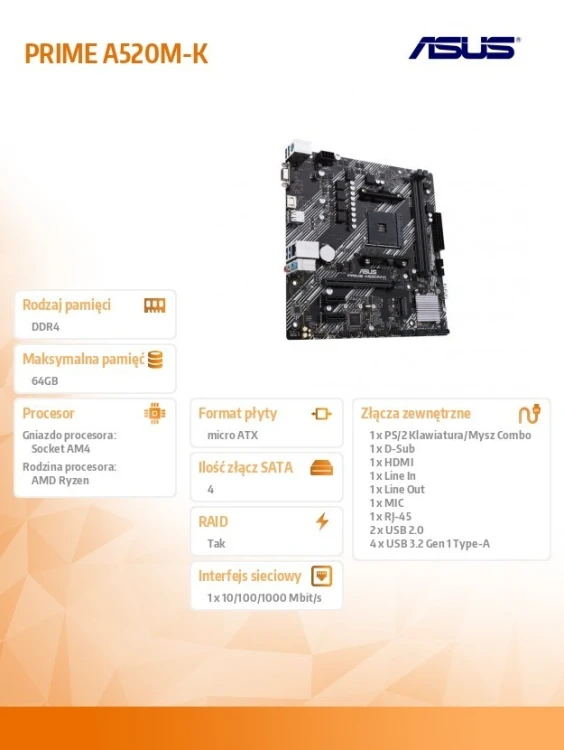 Asus Płyta główna PRIME A520M-K AM4 DDR4 DSUB/HDMI mATX