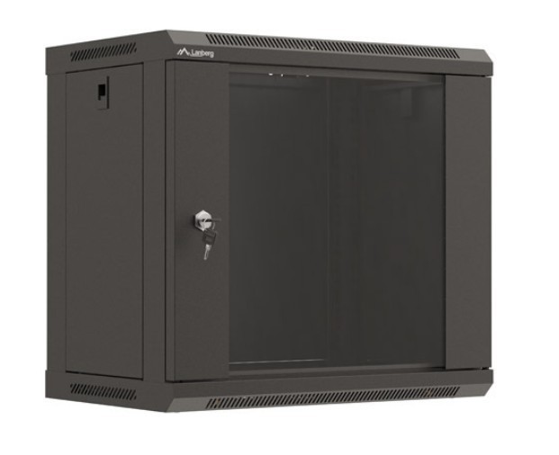 Lanberg Szafa instalacyjna rack wisząca 19" 540x350 czarna drzwi przeszklone ( flat pack)