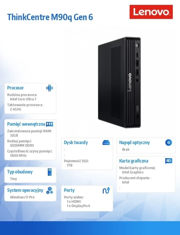 Lenovo Komputer ThinkCentre M90q Tiny G6 13AC000EPB W11Pro Ultra 7 265/2x16GB/1TB/INT/vPro/Black/3YRS OS + 1 YR Premier