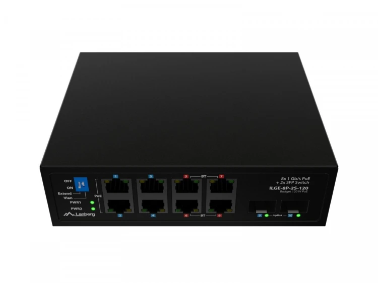 Lanberg Przełącznik ILGE-8P-2S-120 Light Industrial POE 4XBT 4XAT 2XSFP DIN Gigabait Ethernet