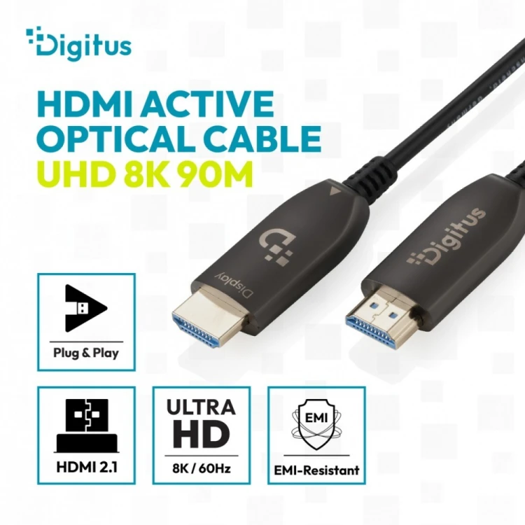 Digitus Kabel połączeniowy hybrydowy HDMI AOC | HDMI-A męski-męski | HDMI 2.1 | UHD-2 8K@60Hz | 48Gbps |HDR, eARC, HDCP 2.2, CEC | 90m