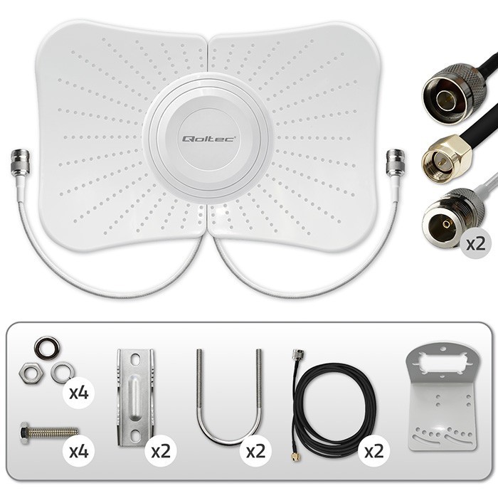 Qoltec Antena paraboliczna 4G 5G LTE | 2x19dBi | kierunkowa | zewnętrzna| 1710-2700 MHz | 3300-4200 MHz | N Female | wodoodporna | 5m