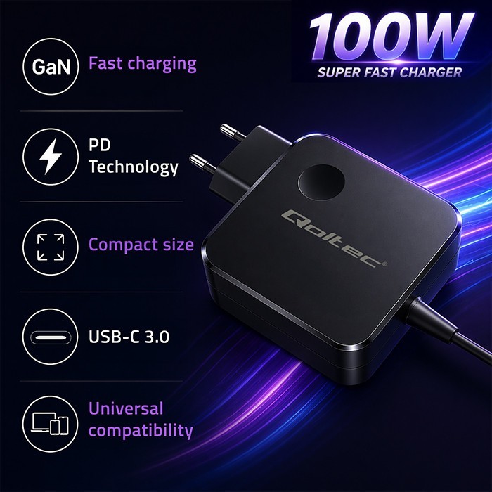 Qoltec Ładowarka sieciowa GaN 100W | USB-C PD | 5-20V | 3-5A