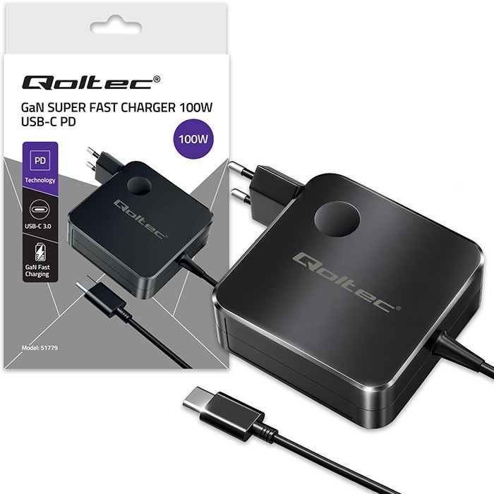 Qoltec Ładowarka sieciowa GaN 100W | USB-C PD | 5-20V | 3-5A