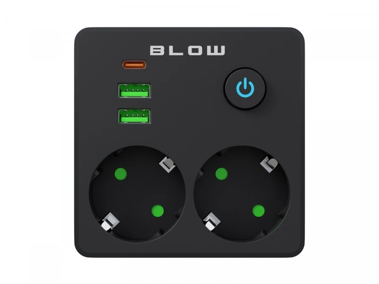 BLOW Rozgałęźnik R-20 PR 2-GNIAZDA + 2USB + USB-C czarny