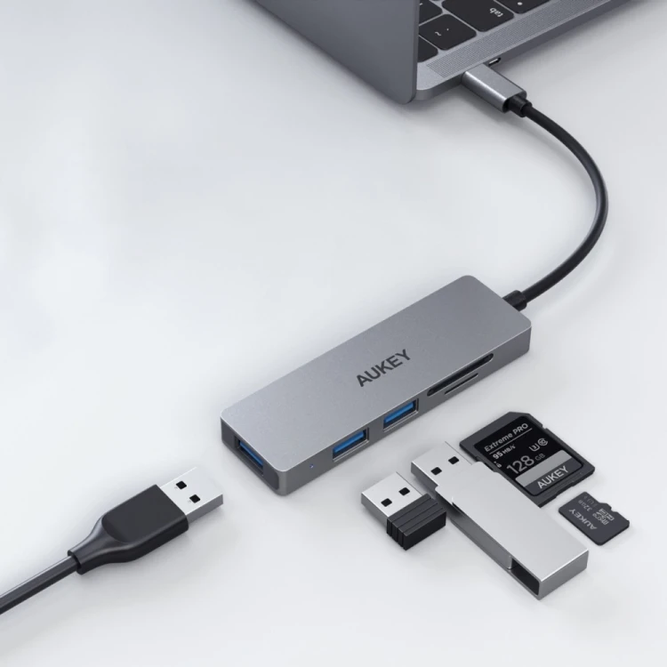 AUKEY HUB USB-C CB-C63 aluminiowy | Ultra Slim | 4w1 | 3xUSB 3.1 | 1xMicroSD i SD