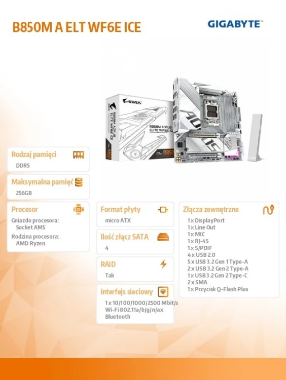 Gigabyte Płyta główna B850M A ELT WF6E ICE HDMI/DP M2 m.ATX