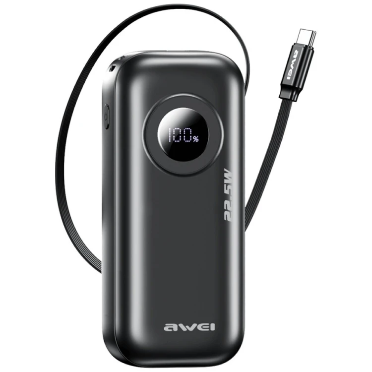 AWEI Powerbank PA-9 22,5W 10000mAh z kablem USB-C wbudowanym czarny