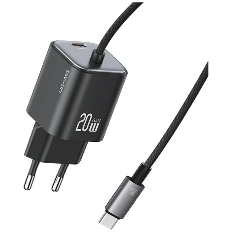 USAMS Ładowarka sieciowa JC Series CC261 20W GaN Fast Charger wbudowanykabel USB-C czarna