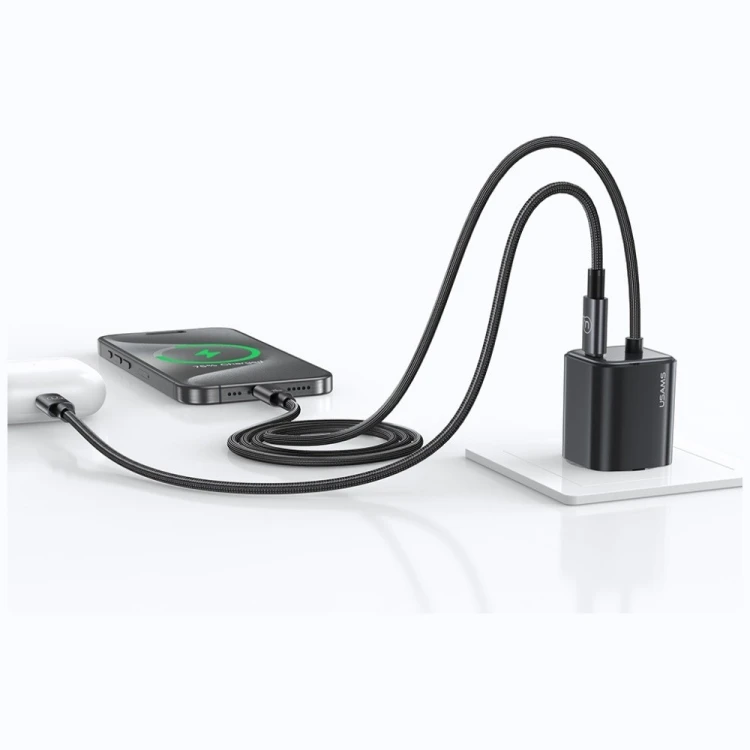 USAMS Ładowarka sieciowa JC Series CC261 20W GaN Fast Charger wbudowanykabel USB-C czarna