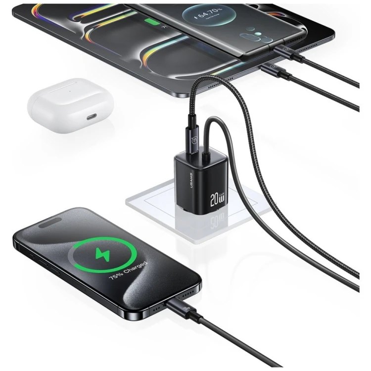 USAMS Ładowarka sieciowa JC Series CC261 20W GaN Fast Charger wbudowanykabel USB-C czarna