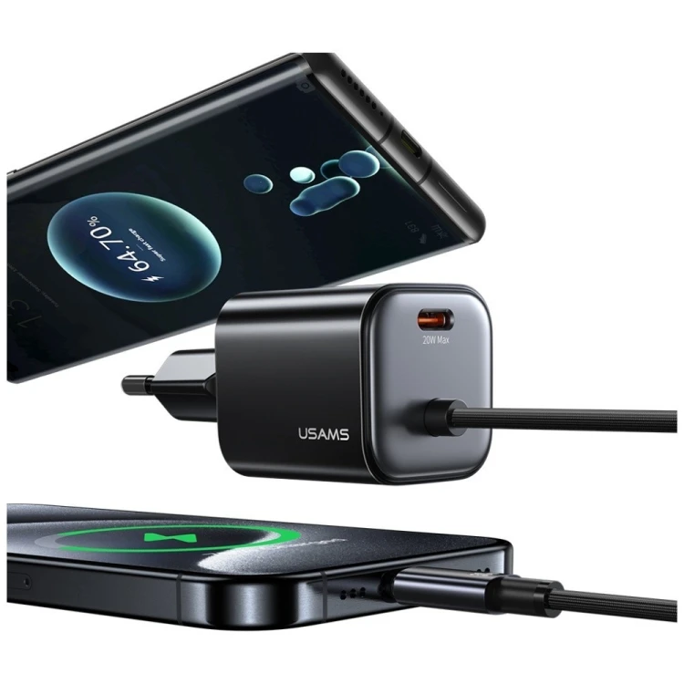 USAMS Ładowarka sieciowa JC Series CC261 20W GaN Fast Charger wbudowanykabel USB-C biały