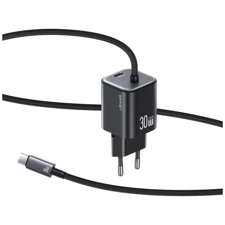 USAMS Ładowarka sieciowa JC Series CC264 30W GaN Fast Charger wbudowanykabel USB-C czarna