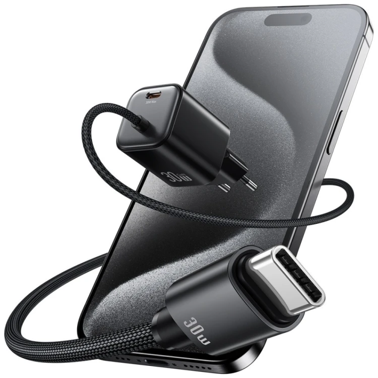 USAMS Ładowarka sieciowa JC Series CC264 30W GaN Fast Charger wbudowanykabel USB-C czarna
