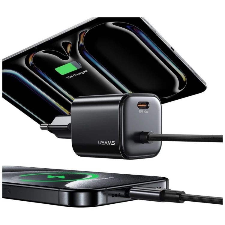 USAMS Ładowarka sieciowa JC Series CC264 30W GaN Fast Charger wbudowanykabel USB-C czarna