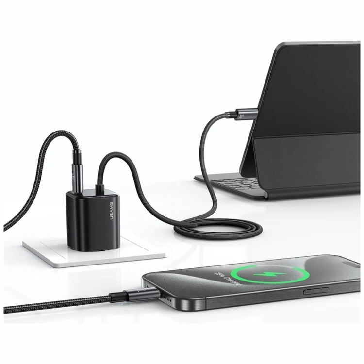 USAMS Ładowarka sieciowa JC Series CC264 30W GaN Fast Charger wbudowanykabel USB-C czarna