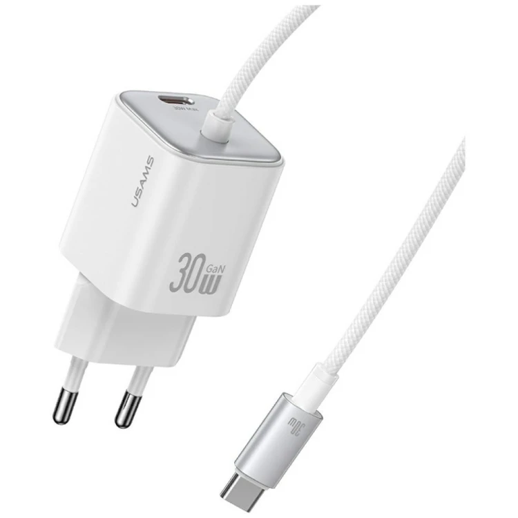 USAMS Ładowarka sieciowa JC Series CC264 30W GaN Fast Charge wbudowany kabel USB-C biała