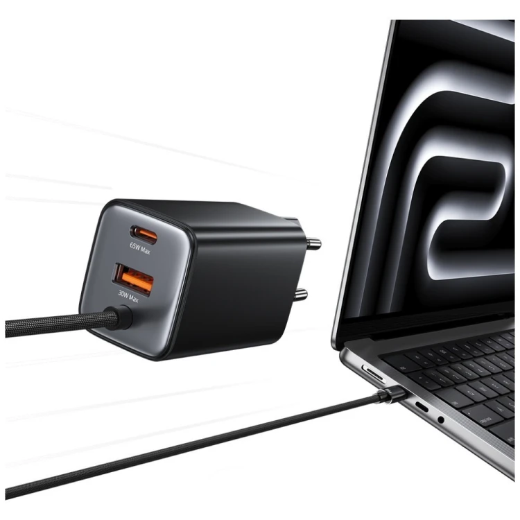 USAMS Ładowarka sieciowa JC Series CC266 65W GaN Fast Charger wbudowanykabel USB-C czarny