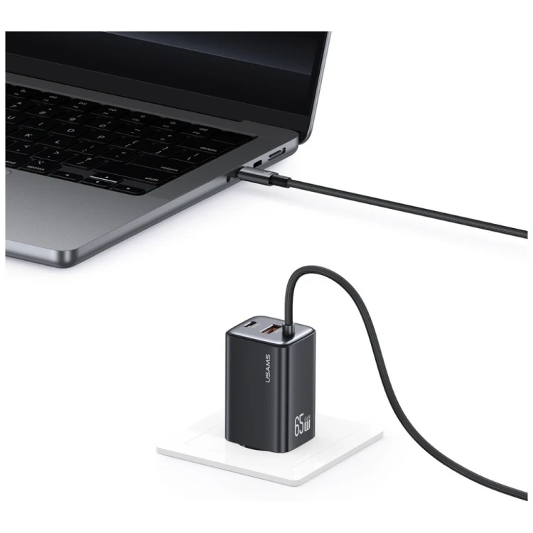 USAMS Ładowarka sieciowa JC Series CC266 65W GaN Fast Charger wbudowanykabel USB-C czarny