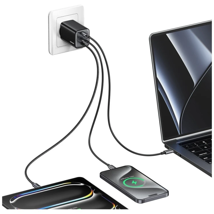 USAMS Ładowarka sieciowa JC Series CC266 65W GaN Fast Charger wbudowanykabel USB-C czarny