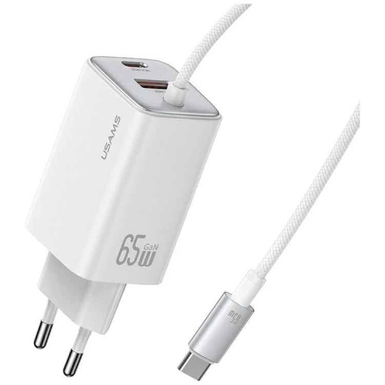 USAMS Ładowarka sieciowa JC Series CC266 65W GaN Fast Charger wbudowanykabel USB-C biała