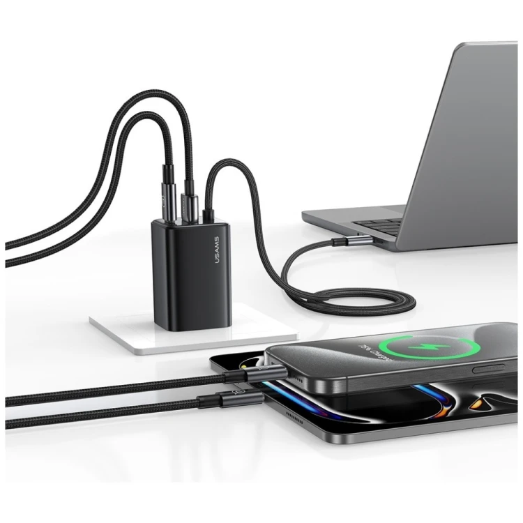 USAMS Ładowarka sieciowa JC Series CC266 65W GaN Fast Charger wbudowanykabel USB-C biała