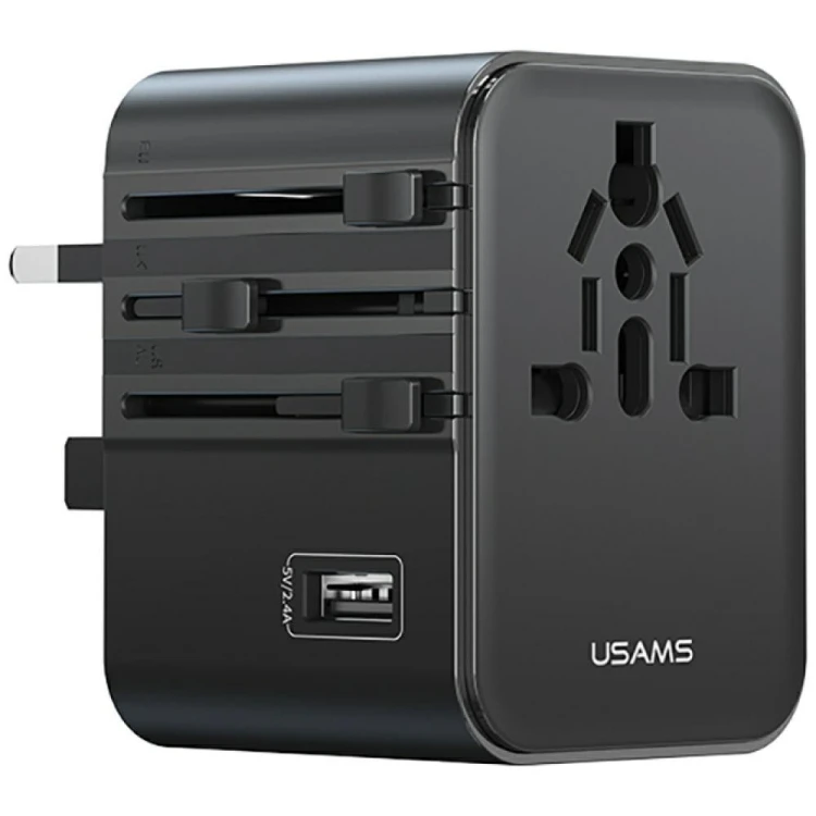 USAMS Ładowarka travel adapter 17W CC308 USB-C + USB-A 4w1 US/AU/EU/UK czarna