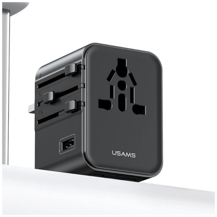 USAMS Ładowarka travel adapter 17W CC308 USB-C + USB-A 4w1 US/AU/EU/UK czarna