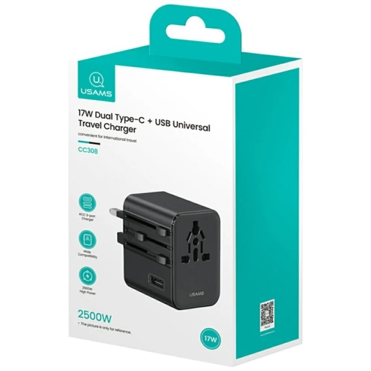 USAMS Ładowarka travel adapter 17W CC308 USB-C + USB-A 4w1 US/AU/EU/UK czarna