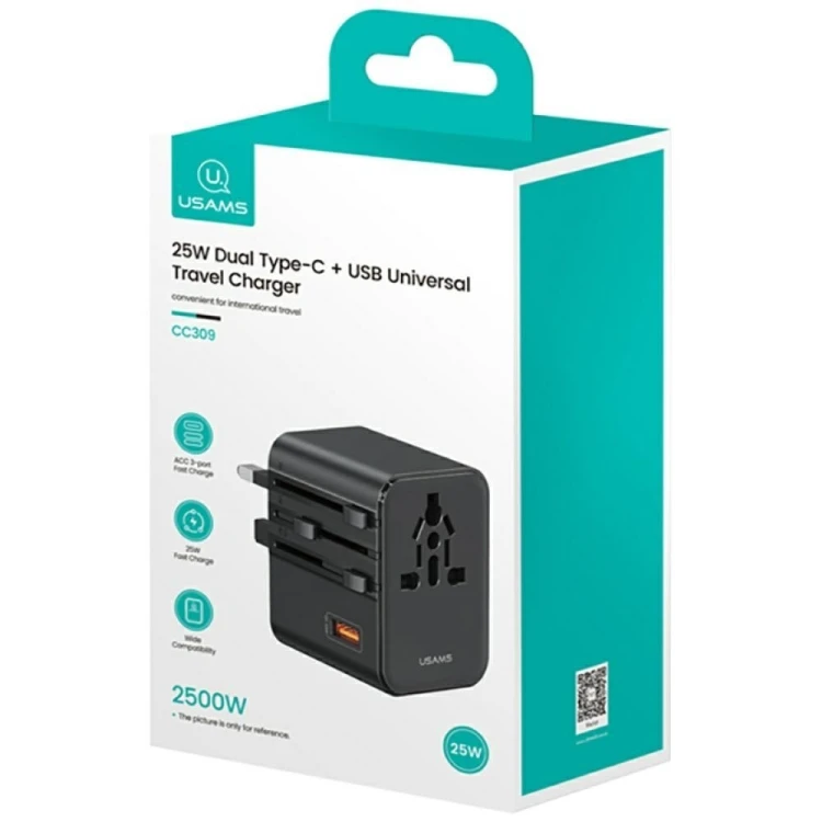 USAMS Ładowarka Travel Adapter 25W US/AU/EU/UK 2xUSB-C czarny 4w1