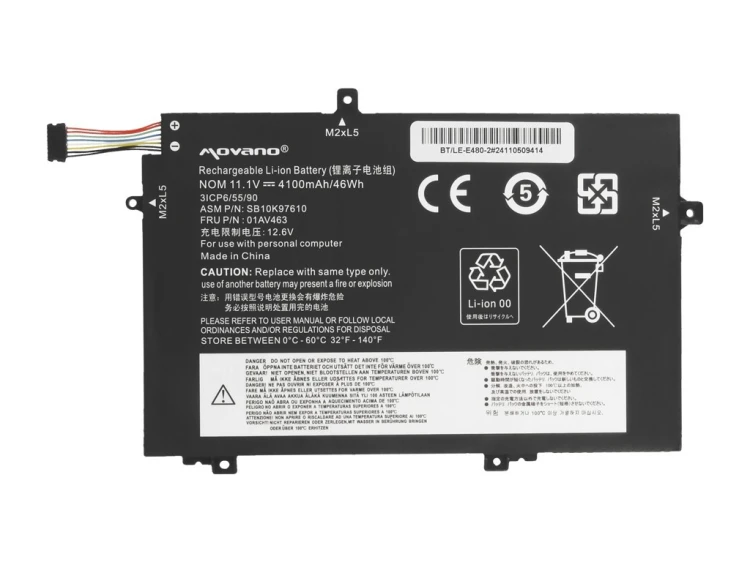 Movano Bateria 01AV463 SB10K97610 do Lenovo L480 L490 L580 L590 L14 L15 - 4100 mAh (46 Wh)