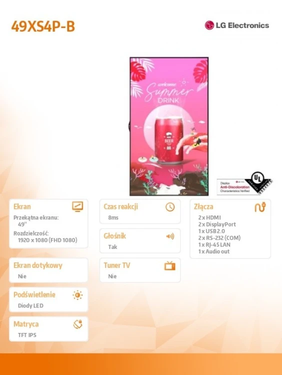 LG Electronics Monitor wielkoformatowy 49XS4P-B 49 cali FHD 4000nit