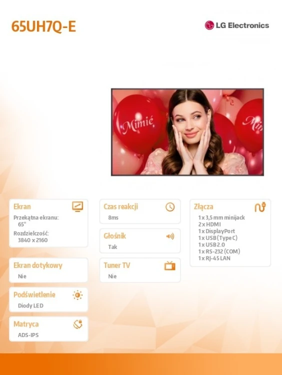 LG Electronics Monitor wielkoformatowy 65 cali 65UH7Q-E 700cd/m2 UHD 24/7