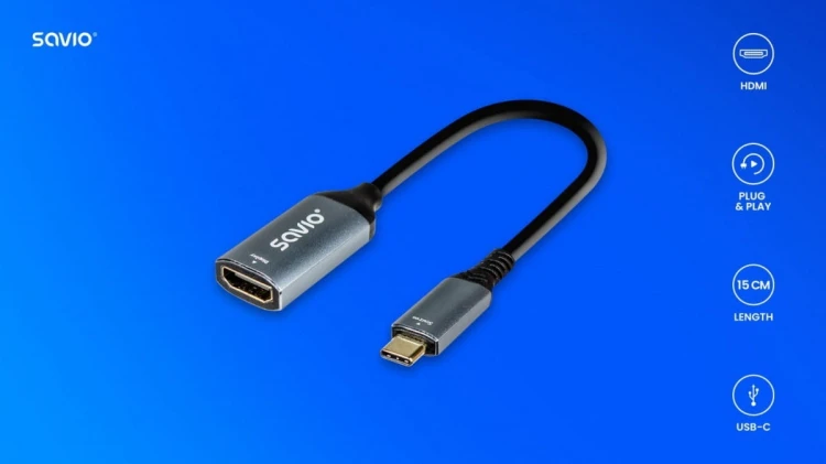 Savio Adapter USB-C (M) - HDMI (F), 4K, 60Hz, aluminium, AK-78