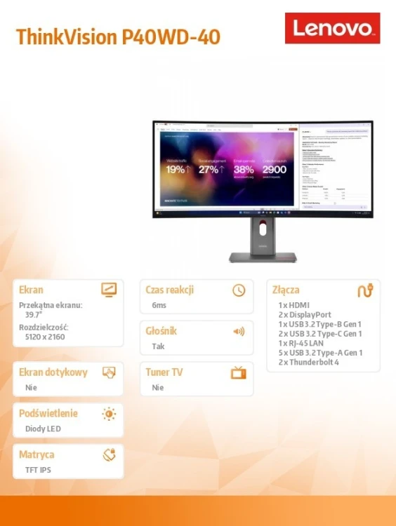 Lenovo Monitor 39.7 cala ThinkVision P40WD-40 64B4XAT1EU