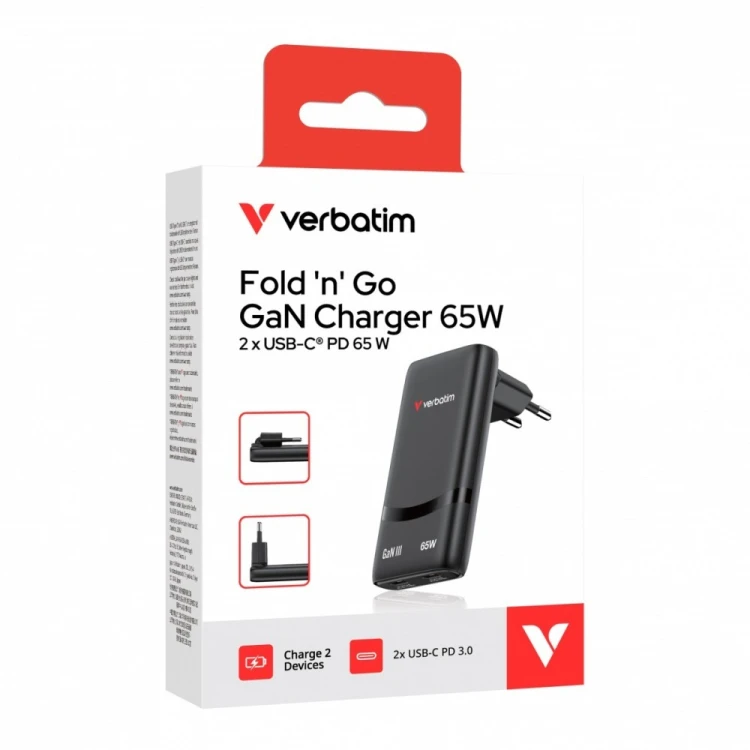 Verbatim Ładowarka uniwersalna Fold n GO GaN 65W 2xUSB-C PD 3.0 PPS Czarna