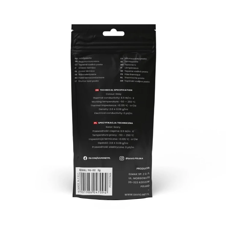 Savio Pasta termoprzewodząca Glacier 8.5 W/mK 2g TG-02