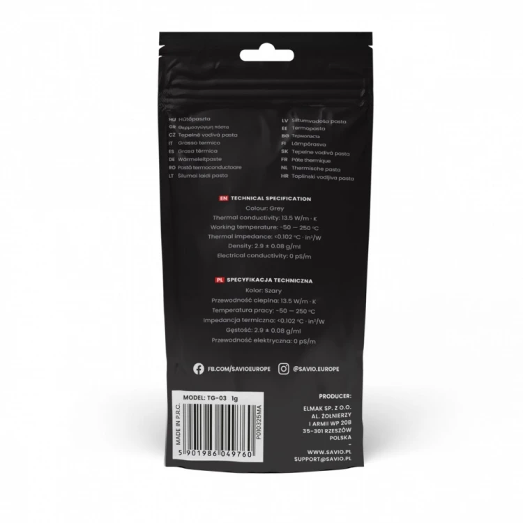 Savio Pasta termoprzewodząca Glacier 13,5 W/mK, 1g TG-03