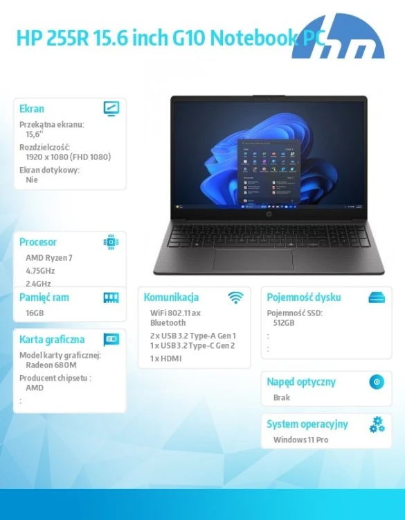 HP Inc. Laptop 255R G10 R7-7735U 512GB/16GB/W11P/15,6 cali D4TJ0ET