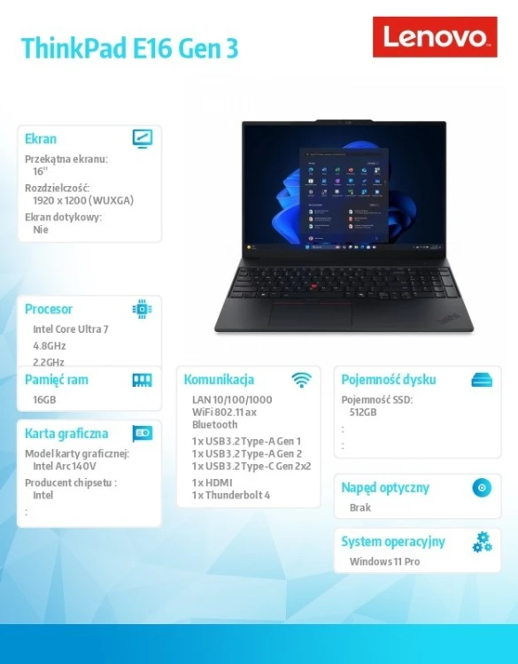 Lenovo Laptop ThinkPad E16 G3 22AY001SPB W11Pro Ultra 7 256V/16GB/512GB/INT/16.0 WUXGA/Black/1YR CI