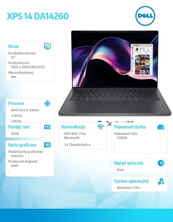 Dell Laptop XPS 14 DA14260 Win11Pro Core Ultra X7 358H/32GB/512GB/14/2,8K /Intel Arc/FgrPr/Cam/Mic/Backlit Kb/3 Cell/3Y ProSupport
