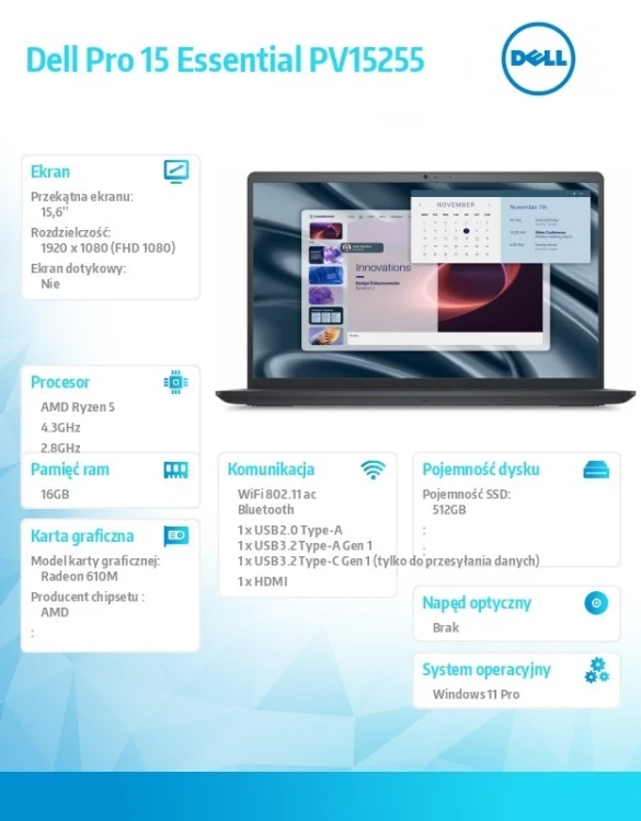 Dell Laptop Dell Pro 15 Essential PV15255 W11P R5-7520U|16GB|512GB SSD|AMD Radeon 610M|WLAN + BT|15.6 FHD|Backlit Kb|3 Cell|65W|3YPS